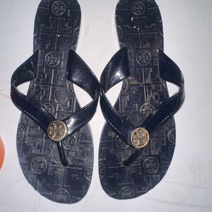 Tory Burch Navy Blue Sandals with Gold Emblem